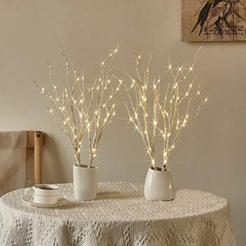 Fudios Lighted Birch Branches 18IN 70 Warm White LED with Timer Twig Lights Battery Operated for Christmas Wedding Party Decoration(2 Set) - color: White Branches with Warm White Lights (2 Set)