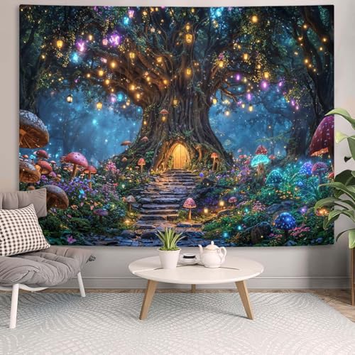 Lifeella Tree of Life Tapestry, Mushroom House Wall Art, Fantasy Forest Landscape Nature Art for Bedroom Living Room, 44x60 inches - color: Mushroom House, size: 60"L x 44"W