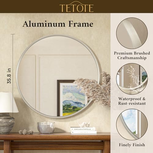 TETOTE Round Mirror 36 inch Brushed Nickel for Living Room, Bedroom, Vanity, Entryway - size: 36"L x 36"W