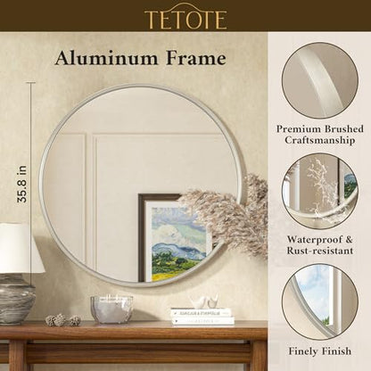 TETOTE Round Mirror 36 inch Brushed Nickel for Living Room, Bedroom, Vanity, Entryway - size: 36"L x 36"W