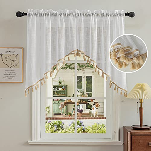 Beda Home Tassel Linen Textured Swag Curtain Valance, White, 36 x 36 in - color: White, size: 36"W x 36"L (Pack of 1)