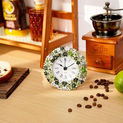 Floral Small Tabletop Clock, Battery Operated Metal Clock with Rhinestone for Bedside, Table, Living Room, Home & Office, Quartz Analog Movement - color: Green With White