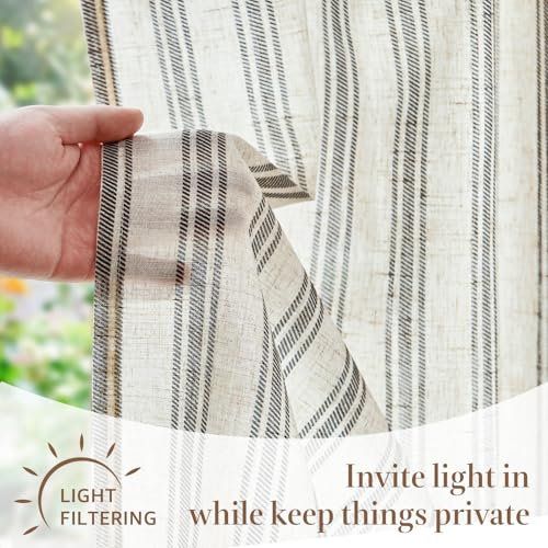 jinchan Linen Striped Tier Curtains for Kitchen Windows Farmhouse - color: Boho Black | on Linen, size: 26"W x 24"L (Pack of 2)