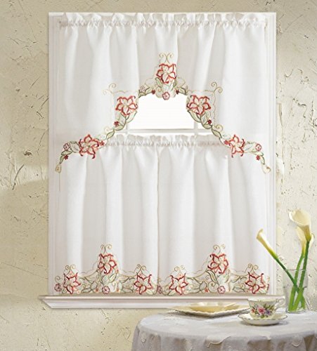 BH Home Glory Floral Embroidered 3-Piece Kitchen Curtain Window Treatment Set (Peach) - color: Peach