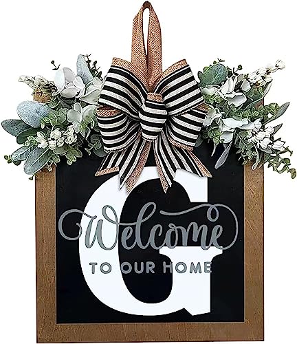 Last Name All Year Round Front Door Wreath with 26 Initial Letter Welcome Sign All Seasons Eucalyptus Garland and Bow ，Farmhouse, Porch, for Spring Summer Fall All Seasons Holiday Halloween Christmas.（G） - color: G