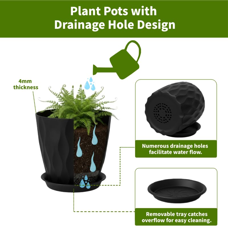 6 Pack 8 Inch Plastic Plant Pots with Drainage Holes and Trays, Black - color: Black 8 Inch