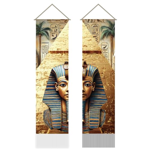 AHANDMAKER Pack of 2 Egyptian Pharaoh and Pyramids Tapestries, Vertical Old Historical Monument Long Aesthetic Tapestry, Doorway Curtain Tassel Wall Hanging for Bedroom Living Room, 13 x 51 Inch - color: Pharaoh and Pyramids