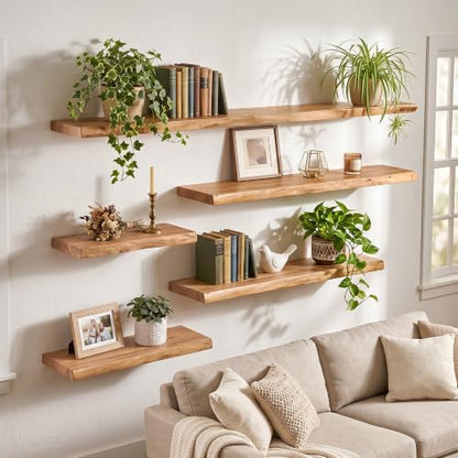 48in Live Edge Solid Elm Floating Shelves, Natural, Set of 1 - color: Natural Color, size: Live Edge 48 inch, 1Pack