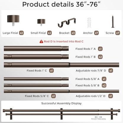 Double Curtain Rod, 36-76 Inch Bronze Modern Heavy Duty Dual Rods - color: Bronze, size: 36"-76"