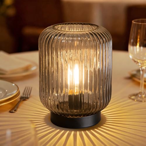 LUSHARBOR Battery Operated Lamp, Cordless Table Lamps for Home Decor, Battery Powered Nightlight with LED Bulb, Decorative Glass Beside Lamp for Bedroom Living Room-Grey - color: Ribbed-Charcoal