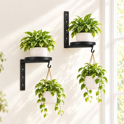 Wall Plant Holder Set of 2, Dual-Way Reversible Bracket for Extra Growth Space, Detachable Hooks, Metal Floating Flower Display Stand for Indoor Outdoor, Space Saving & Easy Assemble, Black - size: 2 Pack - 2-Way Wall Mount