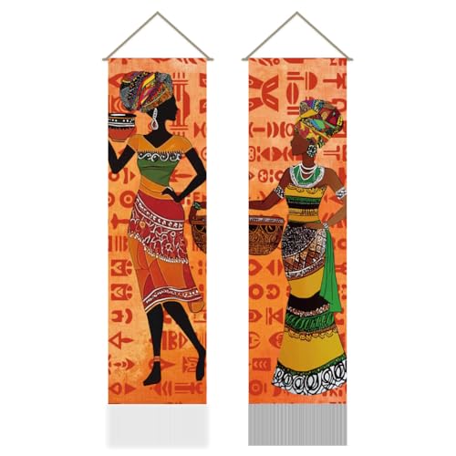 AHANDMAKER 2Pcs African Tribal Style Tapestry, Indian women Vertical Wall Hanging, Primitive Tribe Tassel Wall Aesthetic Tapestry for the Living Room, Wall Decor(45.7x13 Inch) - color: African Tribal