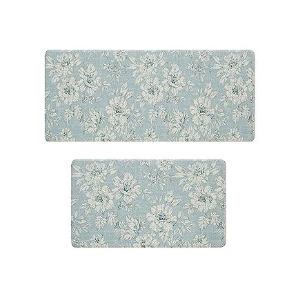 Laura Ashley - Anti-Fatigue Kitchen Mat, Iris Floral Design, Stain, Water & Fade Resistant, Cooking & Standing Relief, Non-Slip Backing, 2 Piece Set, Light Blue - color: Light Blue / Gray, size: 48"L x 17.5"W / 28"L x 17.5"W