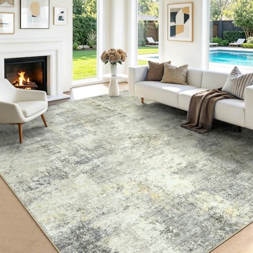 Washable Area Rug Living Room Rugs 9X12 - Neutral Modern Abstract Rugs Soft Carpet with Non Slip Backing for Under Dining Room Table, Bedroom, Home, Office, Brown Grey - color: Brown Grey, size: 9' x 12' (Rectangular)
