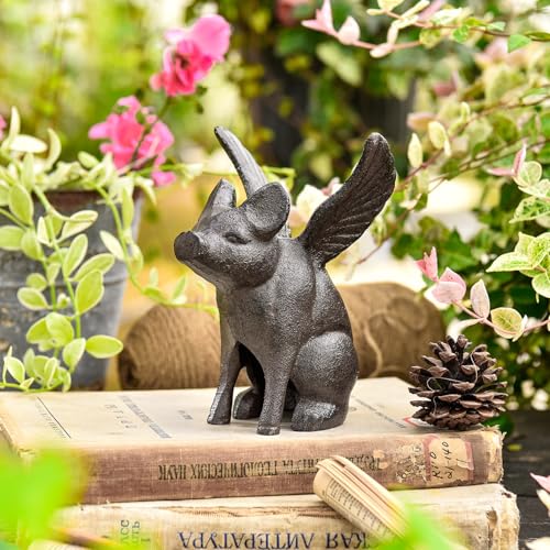 Sungmor Cast Iron Flying Pig Statue, Doorstop - Rustic Brown - color: Flying Pig