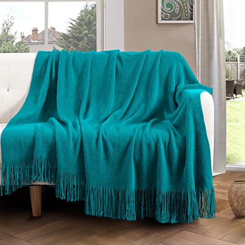 Vonty Teal Knitted Throw Blanket with Tassels Fringe, 50x60 Acrylic - color: Teal, size: 50" x 60"