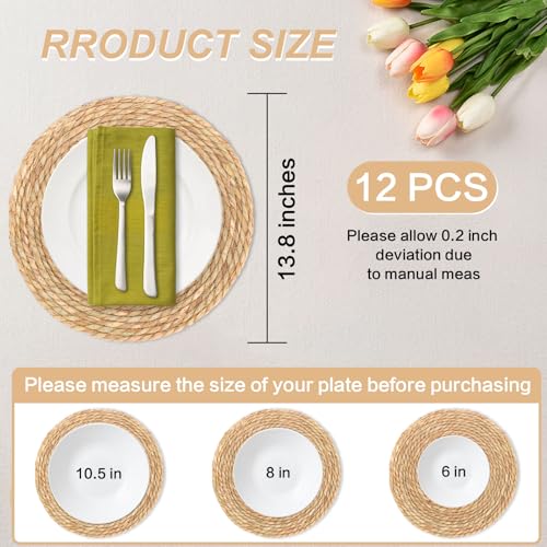 Round Woven Placemats Set of 12，13.8 Inch Natural Rattan Placemats Hand-Woven Water Hyacinth Placemat Farmhouse Rustic Braided Boho Wicker Table Mats for Dining Table Wedding Home (13.8 Inch) - size: 13.8