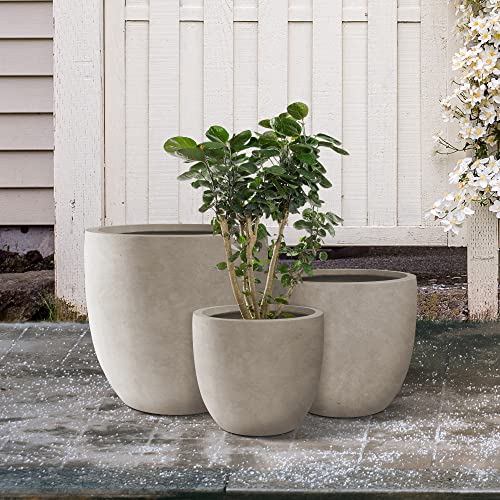 Kante Set of 3 Weathered Concrete Curved Planters 20" 16.5" 13.3" Dia - color: Weathered Concrete, size: 20.1"d + 16.5"d + 13.4"d