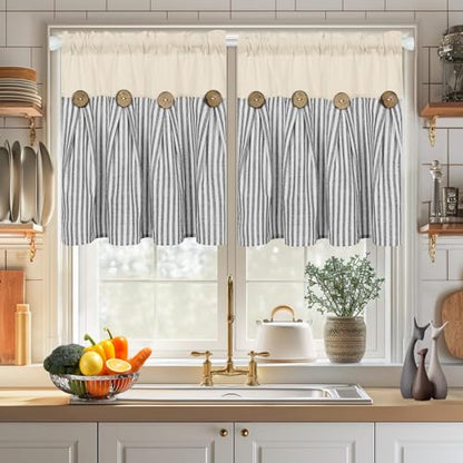 ASPMIZ Farmhouse Kitchen Curtains 24 Inch Length, Grey Stripe, 2 Panels - color: Beige&grey, size: 26"W x 24"L (Pack of 2)