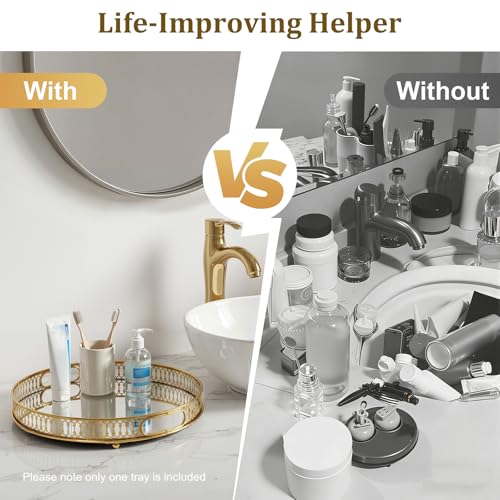 Serving Tray, Gold Perfume Tray 12.6"x1.6" Mirrored Vanity Tray Glass Metal Trinket Storage Tray Decorative Jewelry Tray for Dresser Bathroom Countertop (Round) - size: 12.6"