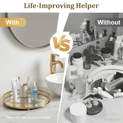 Serving Tray, Gold Perfume Tray 12.6"x1.6" Mirrored Vanity Tray Glass Metal Trinket Storage Tray Decorative Jewelry Tray for Dresser Bathroom Countertop (Round) - size: 12.6"