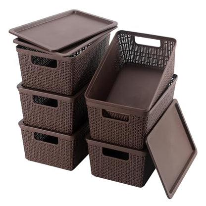 6 Pack Plastic Storage Baskets with Lid,Brown Stackable Bins - color: Brown