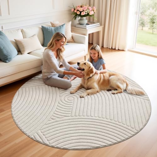 U'Artlines 5 Ft Round Area Rug, Washable Neutral Beige Modern High-Low Pile - size: 5' (Round)