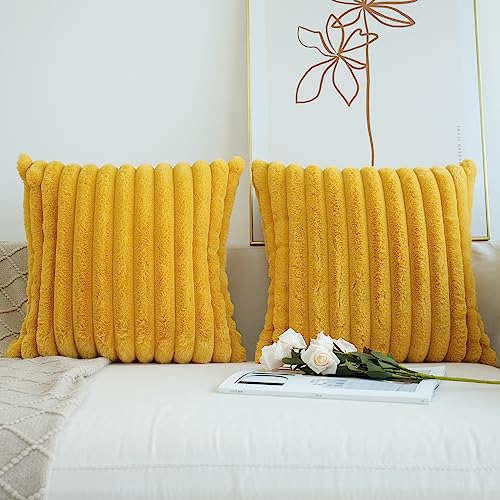 JOJUSIS Faux Fur Plush Throw Pillow Covers, Mustard Yellow, 24 x 24-Inch - color: Mustard Yellow, size: 24" x 24" (Pack of 2)