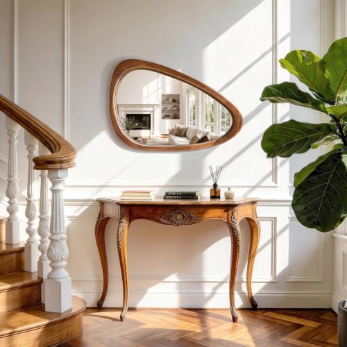 30" x 20" Asymmetrical Mirror, Solid Wood Frame, Irregular Design - color: Brown, size: 30"L x 20"W