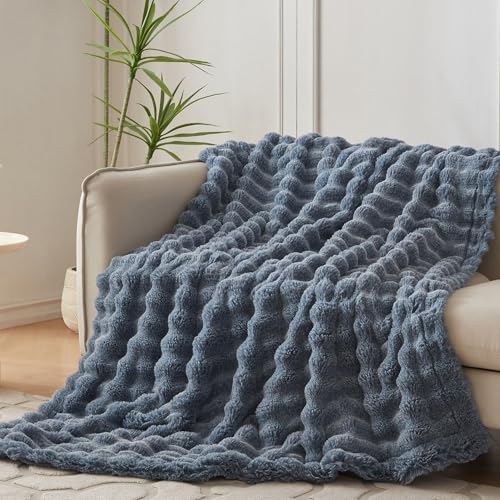 COOVA Soft Bubble Faux Fur Throw Blanket, 50"x60", Cationic Dark Blue - color: Cationic Dark Blue, size: 50“x60”