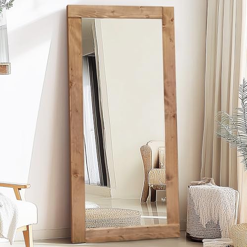 71x32in Full Length Mirror, Solid Wood Convex Frame, Light Brown - color: Light Brown-convex Frame, size: 71"L x 32"W
