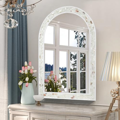 Tanmicoshomy White Arched Bathroom Mirror 20x30 Inch. Mosaic Wall Decor - size: 30"L x 20"W