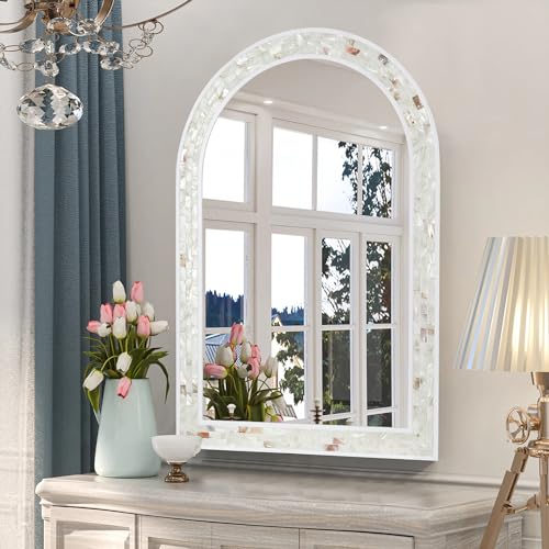 Tanmicoshomy White Arched Bathroom Mirror 20x30 Inch. Mosaic Wall Decor - size: 30"L x 20"W