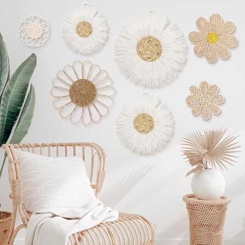 Chunful 7 Pcs Boho Wall Basket Decor Rattan Flower, Milky White - color: Milky White