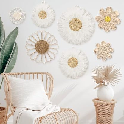 Chunful 7 Pcs Boho Wall Basket Decor Rattan Flower, Milky White - color: Milky White