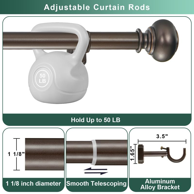 1 1/8 Inch Heavy Duty Curtain Rods, Single Curtain Rod for Window 36-72 Inch(3-6ft), Telescoping Drapery Rods with Classic Finials and Adjustable Aluminum Alloy Brackets, Antique Brown - color: Antique Brown, size: 36-72"