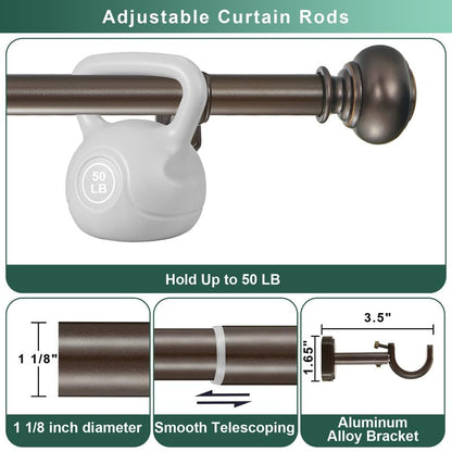 1 1/8 Inch Heavy Duty Curtain Rods, Single Curtain Rod for Window 72-144 Inch(6-12ft), Telescoping Drapery Rods with Classic Finials and Adjustable Aluminum Alloy Brackets, Antique Brown - color: Antique Brown, size: 72-144"