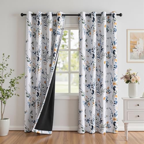 MYSKY HOME 95% Blackout Floral Curtains 84 inch Long 2 Panels for Bedroom Living Room Flower Patterned Room Darkening Thermal Insulated Soundproof Grommet Window Treatments, 52" Wide, Yellow and Blue - color: Yellow and Blue, size: 52"W x 84"L (Pack of 2)