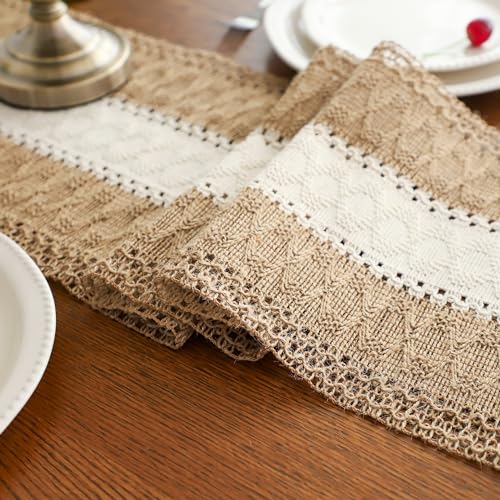 Simple&Opulence Boho Macrame Table Runner - 12 x 72 Inch, Splicing Burlap Farmhouse Cotton Table Runner with Fringed Edges for Bohemian Rustic Wedding, Bridal Shower, Dinner （Brown & White） - size: 12"x72", style: White
