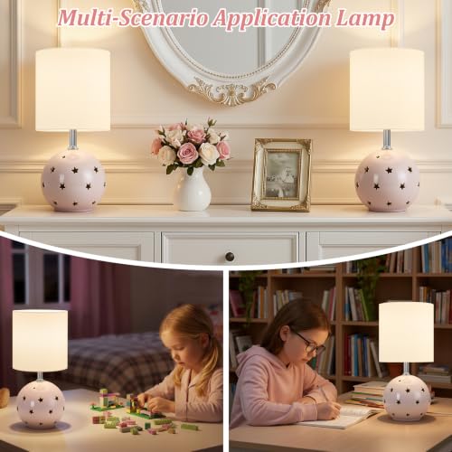 Small Table Lamp, 14" Pink Ceramic Bedside Lamp for Girls Kids Bedroom,Dorm - color: Pink