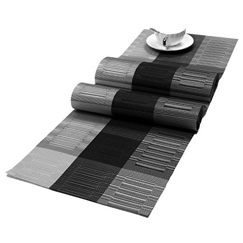 SHACOS Placemats with Table Runner Set of 7 Woven Vinyl Table Mats and Runner for Dining Table Heat Resistant, Ombre Black Gray - color: Ombre Black Gray, size: Placemats and Table Runner Set of 7