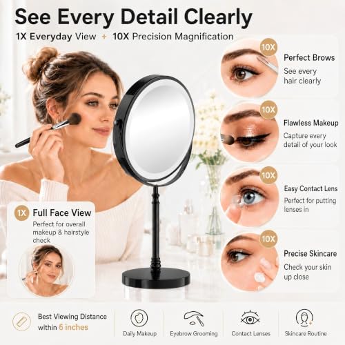DEIOVWXS Makeup Mirror, Rechargeable Vanity Mirror with 3 Lights, 1X/10X - color: Black