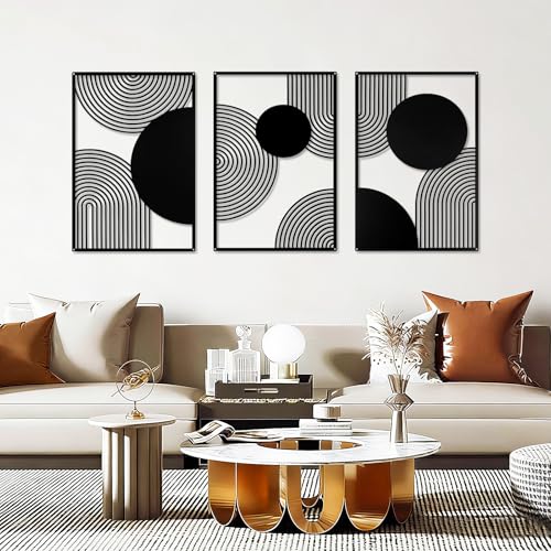 YIYA 3 Pieces Black Metal Wall Decor Black Modern Geometric Wall Decor Hanging Minimalist Line Wall Art for Bedroom Living Room Bathroom Balcony Gallery - style: semicircle