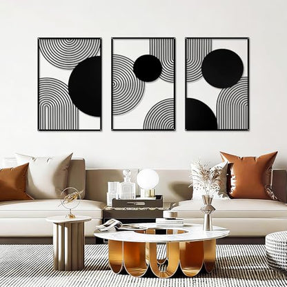 YIYA 3 Pieces Black Metal Wall Decor Black Modern Geometric Wall Decor Hanging Minimalist Line Wall Art for Bedroom Living Room Bathroom Balcony Gallery - style: semicircle