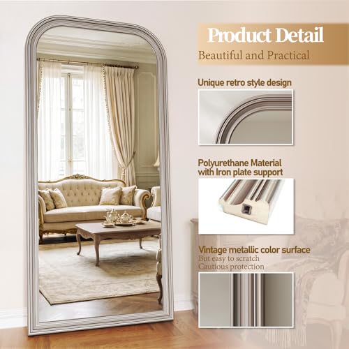 71"x32" Full Length Mirror with Stand, Arched PU Frame - color: Antique Silver