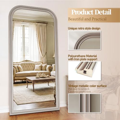 71"x32" Full Length Mirror with Stand, Arched PU Frame - color: Antique Silver