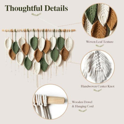 Gullora Large Macrame Wall Decor, Boho Wall Tapestry with 21 Woven Leaves | Sage Green Brown and Cream Macrame Wall Art for Living Room, Bedroom, Nursery and Dorm, Bohemian Farmhouse Home Decoration