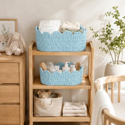 Endymion Set of 2 Paper Rope Scalloped Basket, Wicker Storage Baskets Blue - color: Blue