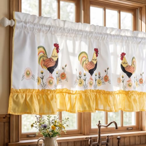 Molaxhome Beautiful Dazzling Embroidered Window Valance for Kitchen Decor - color: Yellow Cock, size: 58"W x 14"L (Pack of 1)