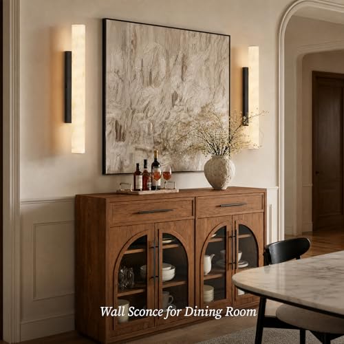 Artisan Alabaster Wall Sconces Set of 2, 36in Matte Black Linear Sconce, Faux Alabaster Sconce for Bathroom Vanity, 3000K Dimmable Hardwired Modern Wall Sconces for Bedroom Living Room Hallway - color: Black-36in-2Pcs